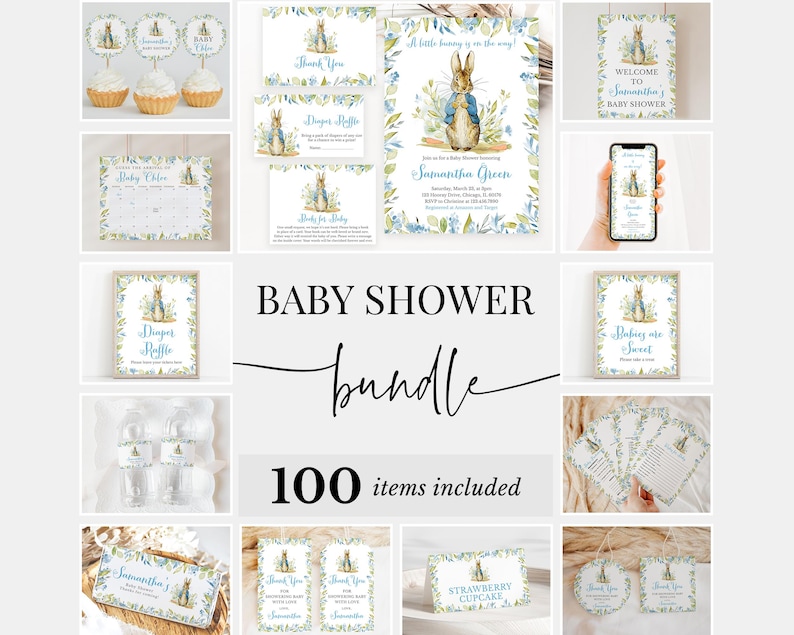 Op de afbeelding: Een baby showerpakket met een blauw en groen kleurenschema met een Peter Rabbit-thema. Het pakket bevat 100 items, zoals uitnodigingen, bedankkaartjes, cupcaketoppers en loten voor de luierspel.