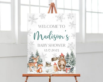 Bearbeitbares Silber Winter Woodland Babyparty Willkommensschild, geschlechtsneutrales Woodland Babypartyplakat, Winter Woodland Decor, BBS551
