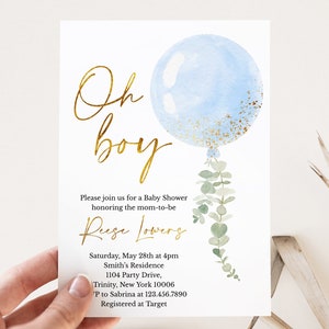 Invito per baby shower modificabile Oh Boy, Invito per baby shower con palloncino blu, Invito per baby shower Blue Boy eucalipto, BBS326