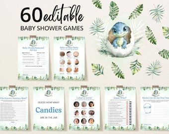 Paquete de juegos editables para baby shower de dinosaurios, paquete de juegos para baby shower de dinosaurios "Pronto nacerá", baby shower de dinosaurios "Es un niño", juegos para bebés dinosaurios, BBS1072