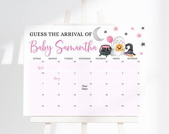 Editable Pink A Little Boo Baby Shower Guess Baby's Arrival, Girl Halloween Shower Due Date Calendar, Pink Ghost Halloween Shower, BBS338