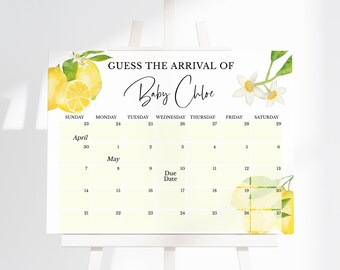 Bearbeitbarer Zitronen-Babyparty Erraten Sie die Ankunft des Babys, Zitronengeschlechtsneutraler Babyparty-Fälligkeitsdatumskalender, Zitronen-Babyparty, BBS295