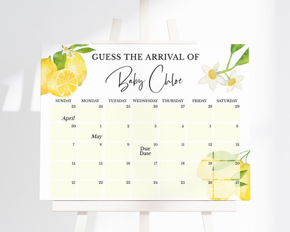 Editable Lemon Baby Shower Guess Baby's Arrival, Lemon Gender Neutral Baby Shower Due Date Calendar, Lemon Baby Shower, BBS295