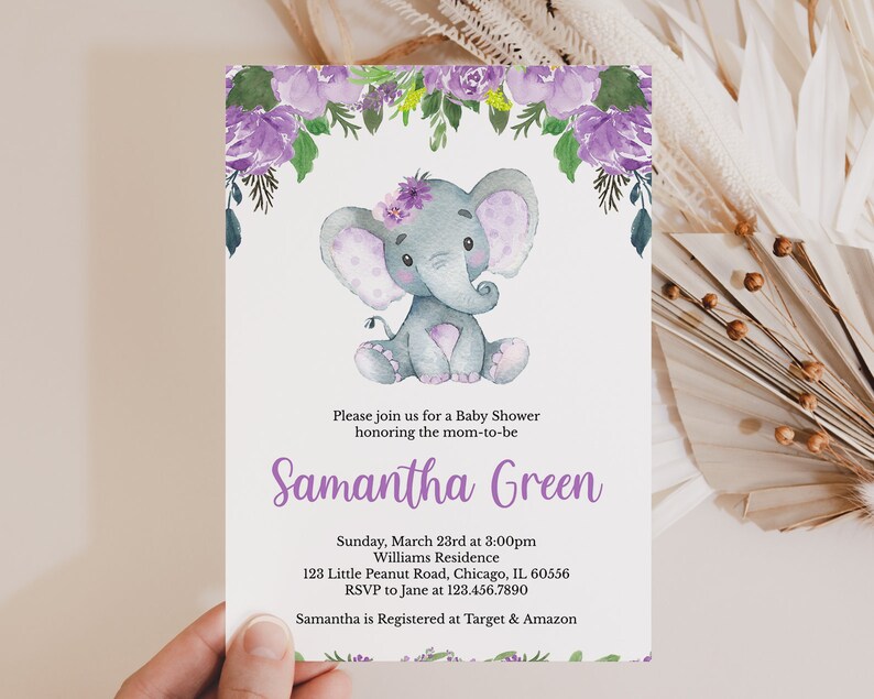 Editable Girl Elephant Baby Shower Invitation Floral Elephant Baby Shower Invite Purple Elephant Baby Shower Invite Little