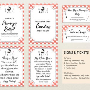 May include: Printable game signs for a baby shower with a barbecue theme. The signs include "How Big is Mommy's Belly?", "Guess How Many Candies Are in the Jar", "My Water Broke", and "Pacifier Hunt".