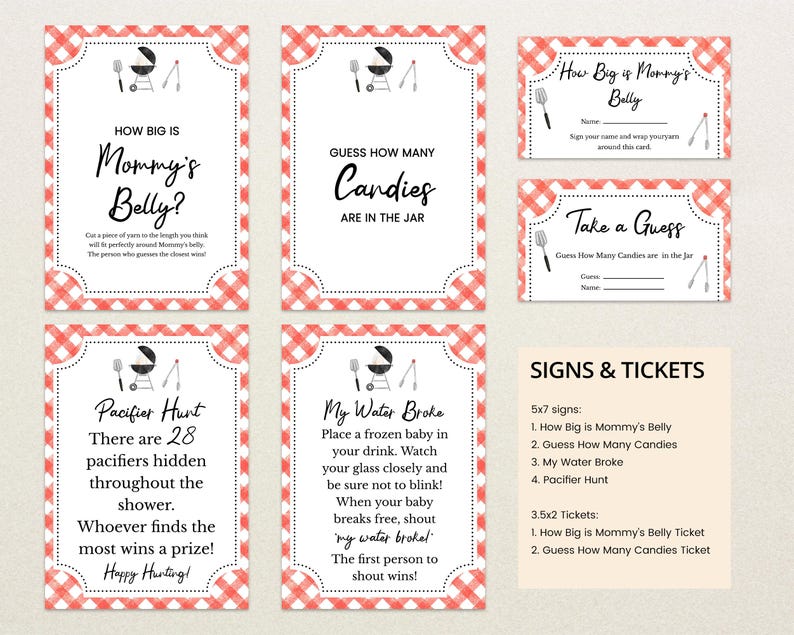 May include: Printable game signs for a baby shower with a barbecue theme. The signs include "How Big is Mommy's Belly?", "Guess How Many Candies Are in the Jar", "My Water Broke", and "Pacifier Hunt".