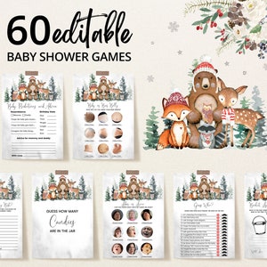 Editable Winter Woodland Baby Shower Game Bundle, Girl Floral Woodland Baby Shower Game Pack, Winter Floral Woodland Shower Games, BBS237