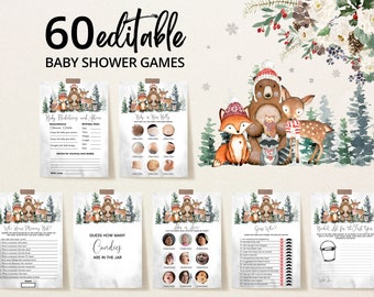 Bewerkbare winter bos baby shower spelbundel, meisje bloemen bos baby douche game pack, winter bloemen bos douche games, BBS237