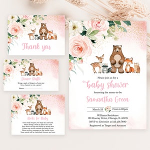 Bearbeitbares Wald-Babypartyeinladungs-Bündel, Mädchen-Waldland-Babyparty einladen, Waldtiere-Dusche einladen, Blumenwald, BBS242