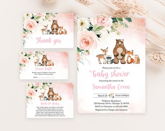 May include: Baby shower invitation and cards with a woodland theme. The invitation features a bear, deer, fox, and owl illustration with pink floral accents. The cards include "Thank you", "Diaper Raffle", and "Books for Baby" text.