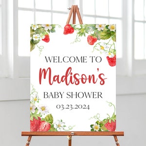 Bearbeitbar Ein Beere Süßes Babyparty Willkommensschild, Erdbeer-Babyparty-Poster, Blumenerdbeere-Babypartydekor, BBS665