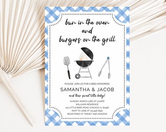Bearbeitbare BBQ-Babyparty-Einladung, Hinterhof-Babyparty-Einladung, blaue Baby-q-Dusche einladen, Brötchen im Ofen und Burger auf dem Grill, BBS395