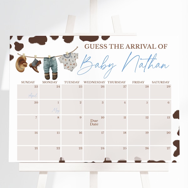 Editable A Little Cowboy Baby Shower Guess Baby's Arrival, Wild West Baby Shower Due Date Calendar, Blue Cowboy Shower, Rodeo Baby, BBS709