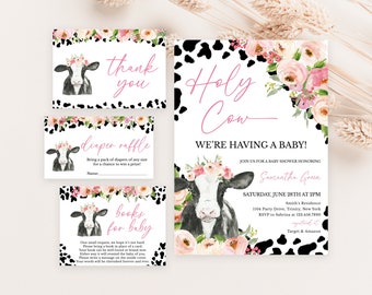 Editable Holy Cow Baby Shower Invitation Bundle, Girl Highland Cow Baby Shower Invite Pack, Pink Floral Highland Cow Shower Invite, BBS735