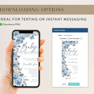 May include: A blue and white baby shower invitation with a floral design and the text "Baby in Bloom". The invitation includes the date, time, and location of the shower, as well as the name of the guest of honor, Samantha Green. The invitation also includes the text "Registered at Target & Amazon".