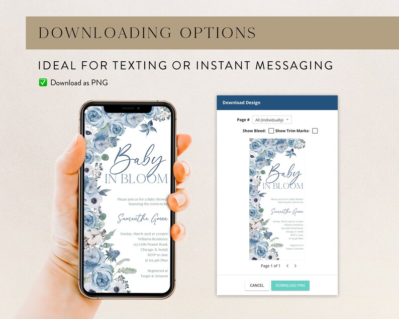 May include: A blue and white baby shower invitation with a floral design and the text "Baby in Bloom". The invitation includes the date, time, and location of the shower, as well as the name of the guest of honor, Samantha Green. The invitation also includes the text "Registered at Target & Amazon".