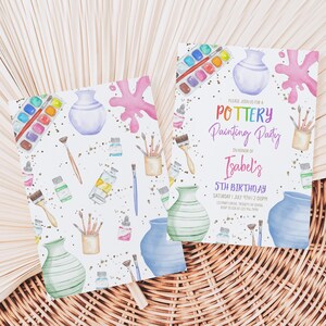 May include: Invitation to a pottery painting party for a 5th birthday. The invitation features a watercolor illustration of paintbrushes, paint pots, and pottery.