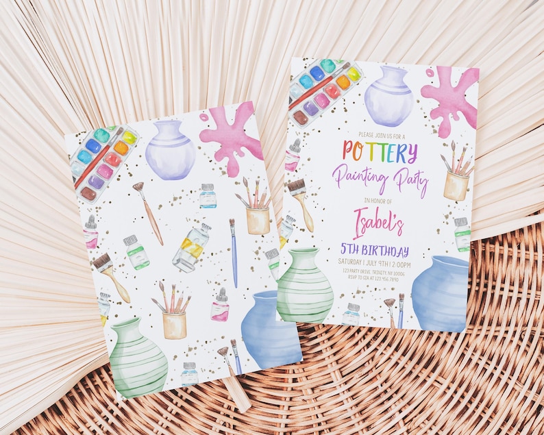 May include: Invitation to a pottery painting party for a 5th birthday. The invitation features a watercolor illustration of paintbrushes, paint pots, and pottery.