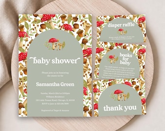 May include: A baby shower invitation set featuring a sage green arch design with watercolor illustrations of red mushrooms, brown acorns, and green leaves. The text includes baby shower, diaper raffle, books for baby, and thank you with event details.