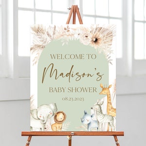 Cartello di benvenuto modificabile Boho Safari Hello Baby per baby shower, poster Wild One Safari per baby shower, decorazioni per baby shower con animali del safari, BBS505