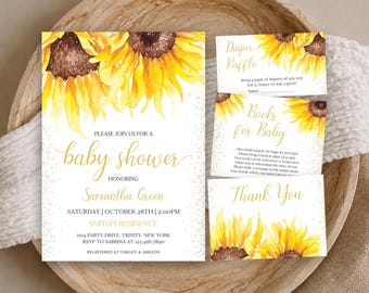 Editable Sunflower Baby Shower Invitation Bundle, Boho Sunflower Baby Shower Invite, Rustic Sunflower Baby Shower Invite Template, BBS910