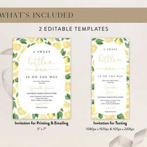 May include: Two printable baby shower invitations featuring a lemon theme. The invitations are in a light yellow and green colour scheme with a watercolour lemon design. The text on the invitations reads "A Sweet Little One Is On The Way".