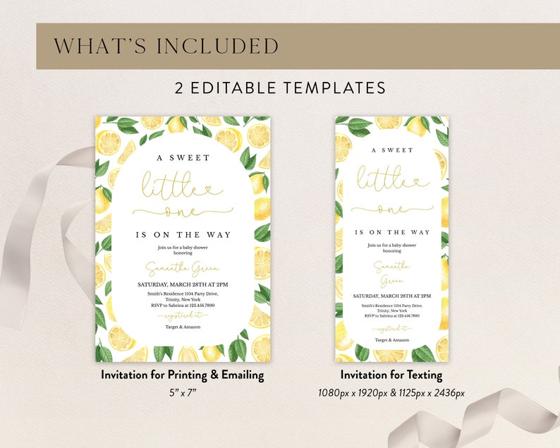 May include: Two printable baby shower invitations featuring a lemon theme. The invitations are in a light yellow and green colour scheme with a watercolour lemon design. The text on the invitations reads "A Sweet Little One Is On The Way".