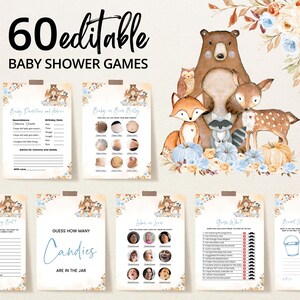 Editable Fall Floral Woodland Baby Shower Game Bundle, Blue Pumpkin Woodland Baby Shower Game Pack, Boy Fall Woodland Shower Games, BBS447