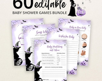 May include: A bundle of 60 editable baby shower game cards featuring a purple and black Halloween theme. The cards display illustrations of a pregnant witch silhouette, skeletons, spiderwebs, bats, and pumpkins, with text including Baby Predictions and Advice.