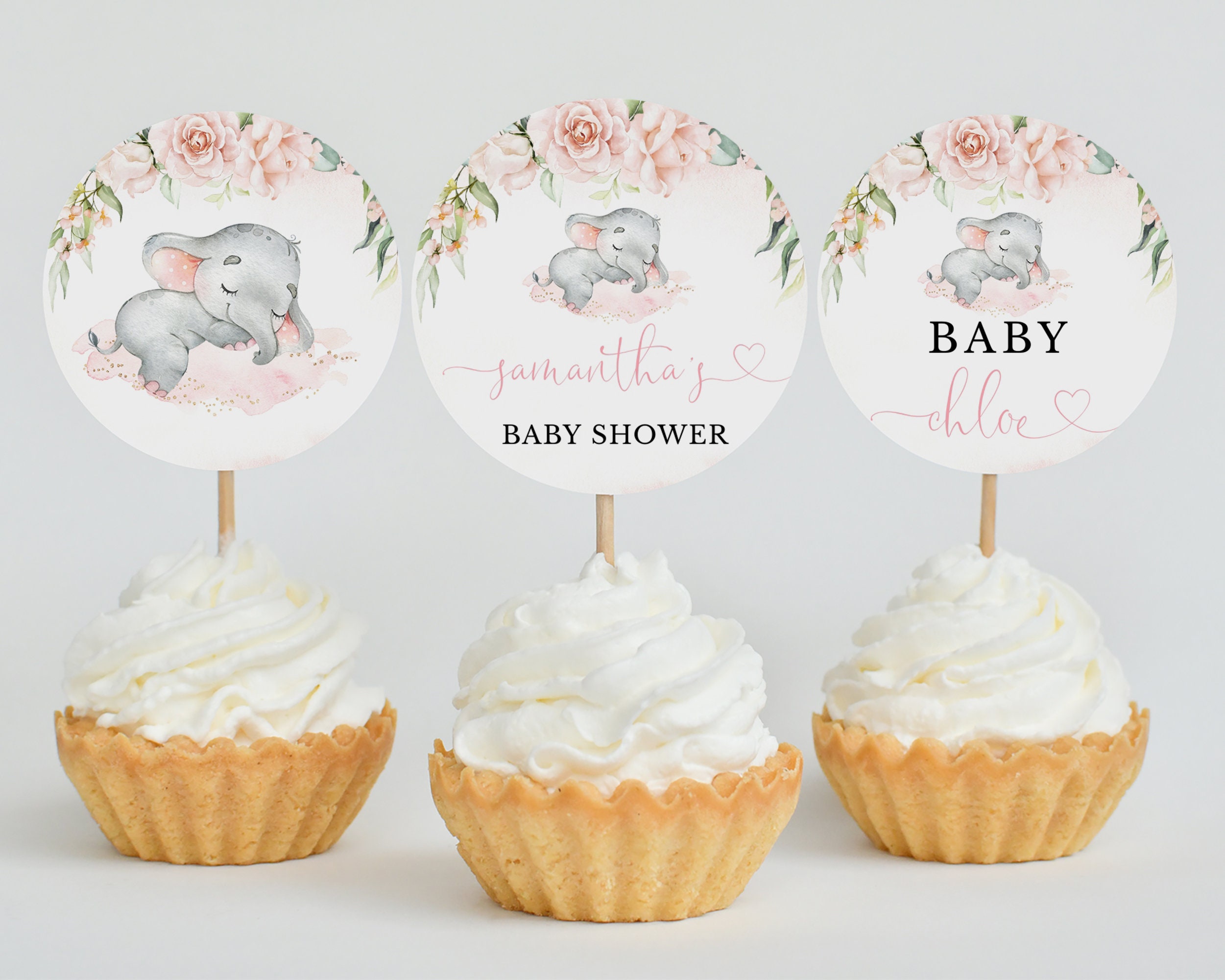 Editable Blush Girl Elephant Baby Shower Cupcake Topper Pink Floral Elephant Shower Cake Topper Sleeping Elephant Shower
