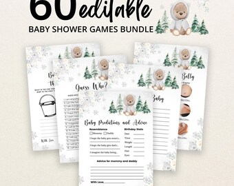 Peut inclure: Un lot de 60 cartes de jeux de fête prénatale modifiables avec un ours en peluche à l'aquarelle portant un manteau d'hiver, des sapins verts et des motifs floraux. Les cartes incluent des titres comme Baby Predictions and Advice et Guess Who.