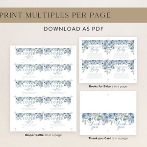 May include: Printable baby shower cards with blue floral designs. The cards include a diaper raffle, books for baby, and thank you cards. The cards are designed to be printed multiple times per page.