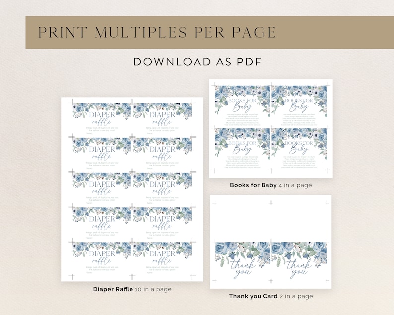 May include: Printable baby shower cards with blue floral designs. The cards include a diaper raffle, books for baby, and thank you cards. The cards are designed to be printed multiple times per page.