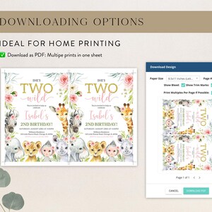 May include: Two-sided invitation design with the text "She's Two Wild" in gold glitter font, featuring watercolor animal illustrations and floral accents. The invitation includes details for a second birthday celebration. The design is available for home printing.