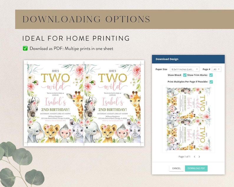 May include: Two-sided invitation design with the text "She's Two Wild" in gold glitter font, featuring watercolor animal illustrations and floral accents. The invitation includes details for a second birthday celebration. The design is available for home printing.
