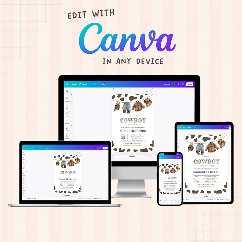 May include: A digital invitation template displayed on a desktop monitor, laptop, tablet, and smartphone. The design features a cow print border and a clothesline with cowboy-themed clothing. Text reads: EDIT WITH CANVA IN ANY DEVICE and A LITTLE COWBOY IS ON THE WAY.