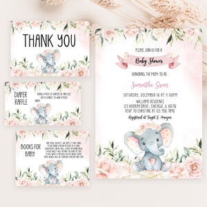 Editable Pink Girl Elephant Baby Shower Invitation Bundle, Pink Floral Elephant Baby Shower Invitation Pack, Girl Baby Elephant BBS591