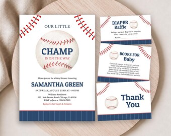 May include: A baseball-themed baby shower invitation set featuring a large baseball graphic, red stitching accents, and navy blue text. The set includes a main invitation, a diaper raffle card, a books for baby card, and a thank you card.