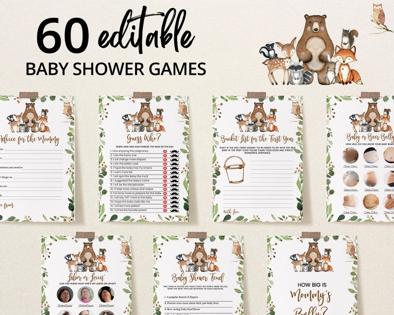 Editable Woodland Baby Shower Game Bundle, Boy Woodland Baby Shower Games, Woodland Animals Game Pack, Greenery Woodland Baby Shower, BBS301