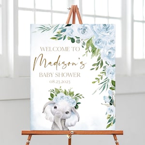 Editable Boy Elephant Baby Shower Welcome Sign, Blue Elephant Baby Shower Poster, Blue Floral Elephant Boy Baby Shower Decor, BBS503