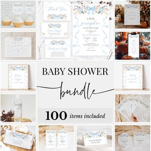 Editable Blue Bow Pumpkin Baby Shower Bundle, Fall Boy Baby Shower Invitation Pack, Little Pumpkin Floral Pink Ribbon Game Package, BBS1116