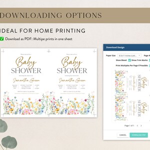 Puede incluir: Dise&ntilde;o de invitaci&oacute;n para baby shower con detalles florales. La invitaci&oacute;n presenta el texto "Baby Shower" en escritura dorada, junto con el nombre "Samantha Green" y los detalles del evento. El dise&ntilde;o incluye una opci&oacute;n de descarga para imprimir en casa.