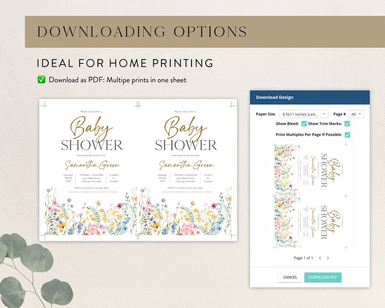 Puede incluir: Dise&ntilde;o de invitaci&oacute;n para baby shower con detalles florales. La invitaci&oacute;n presenta el texto "Baby Shower" en escritura dorada, junto con el nombre "Samantha Green" y los detalles del evento. El dise&ntilde;o incluye una opci&oacute;n de descarga para imprimir en casa.