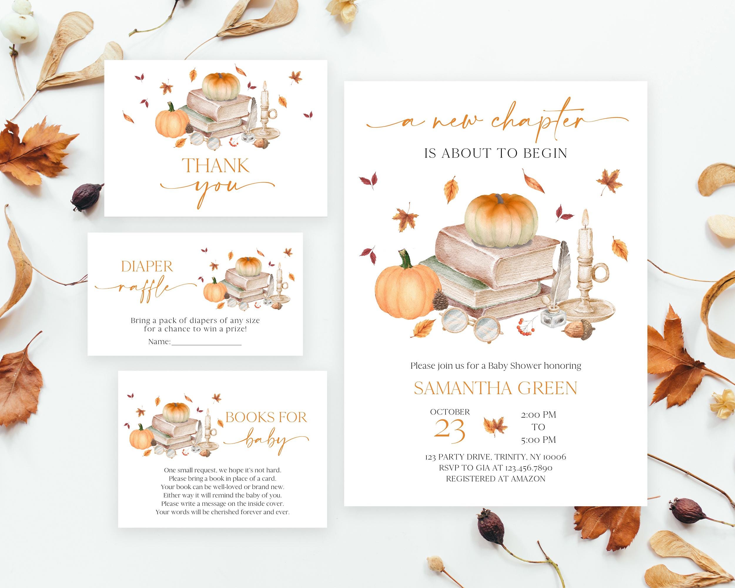 Editable Fall New Chapter Will Soon Begin Baby Shower Invitation Bundle, Gender Neutral Autumn Pumpkin Books Baby Shower Invite, BBS1115