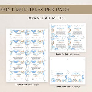 May include: Printable baby shower game cards featuring a donut theme. The cards are blue and gold with a donut design and the text "Diaper Raffle" and "Books for Baby".