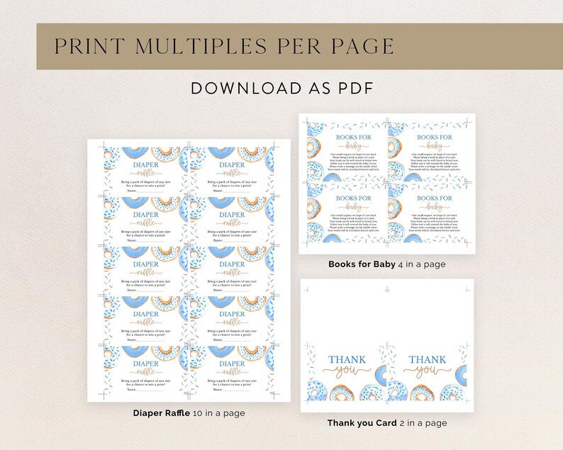 May include: Printable baby shower game cards featuring a donut theme. The cards are blue and gold with a donut design and the text "Diaper Raffle" and "Books for Baby".