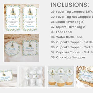 Op de afbeelding: Afdrukbare baby shower-cadeautjes met een blauw en groen aquarelontwerp met een konijn. De labels bevatten de tekst "Bedankt voor het douchen van de baby met liefde".