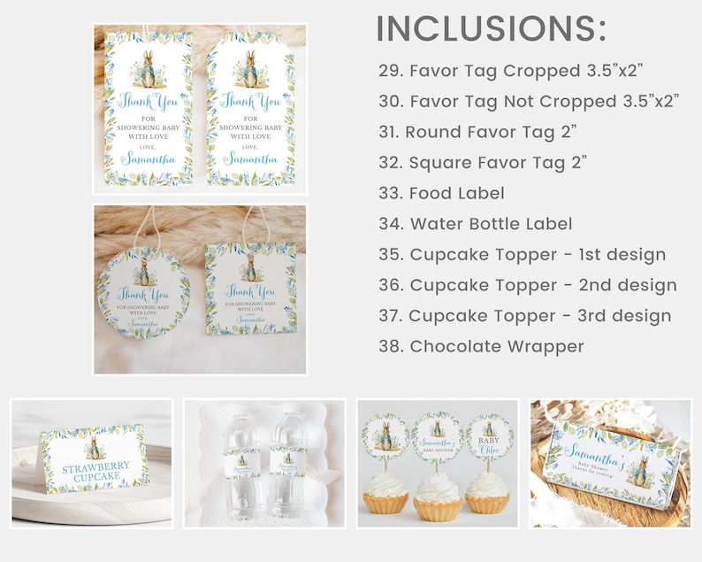 Op de afbeelding: Afdrukbare baby shower-cadeautjes met een blauw en groen aquarelontwerp met een konijn. De labels bevatten de tekst "Bedankt voor het douchen van de baby met liefde".