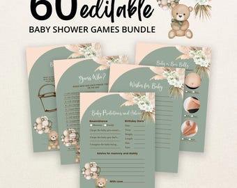 May include: A bundle of 60 editable baby shower game cards featuring a sage green and beige color palette. The designs include illustrations of a teddy bear, balloons, and pampas grass. Text includes titles like Baby Predictions and Advice.