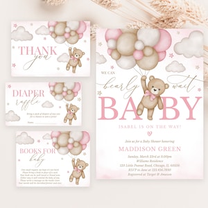 Editable Brown Bear Balloon Baby Shower Invitation Bundle, We Can Bearly Wait Baby Shower Invite, Pink Boho Bear Girl Baby Shower, BBS389